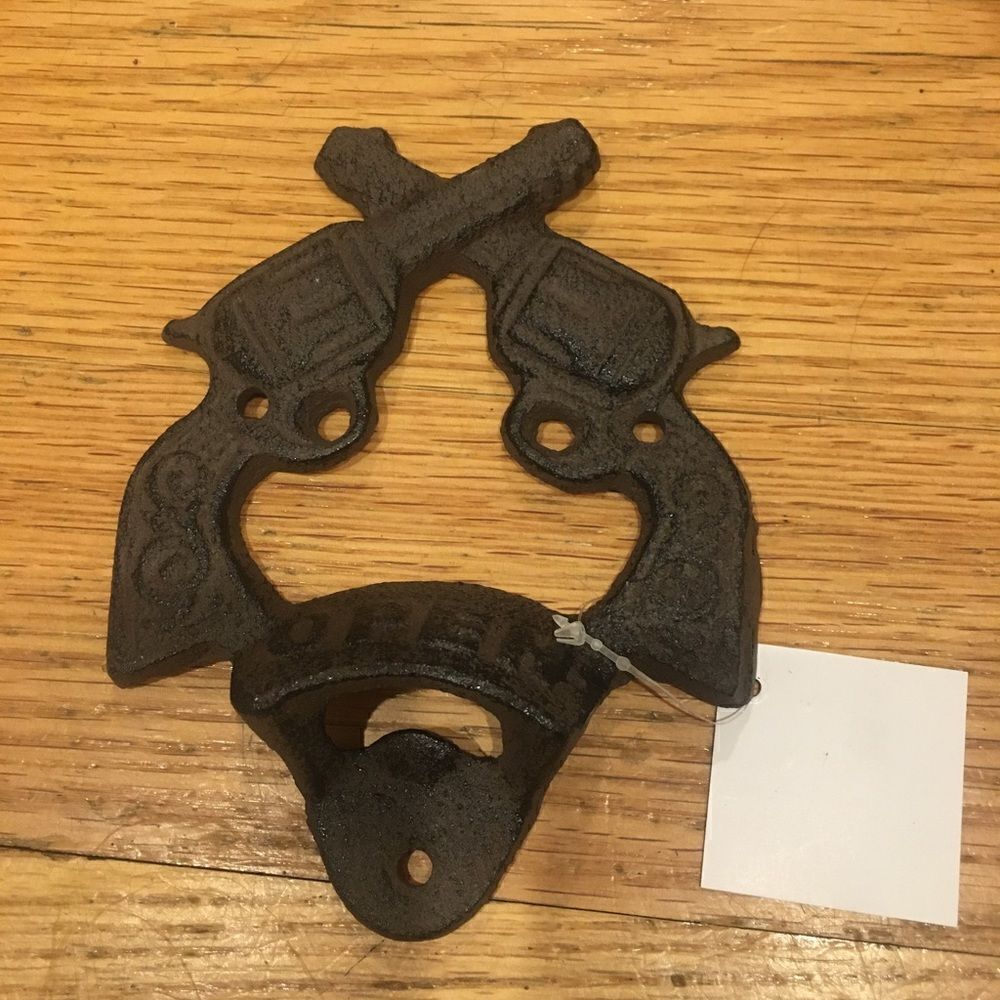 Wall cast iron revolver hand guns beer bottle opener garage